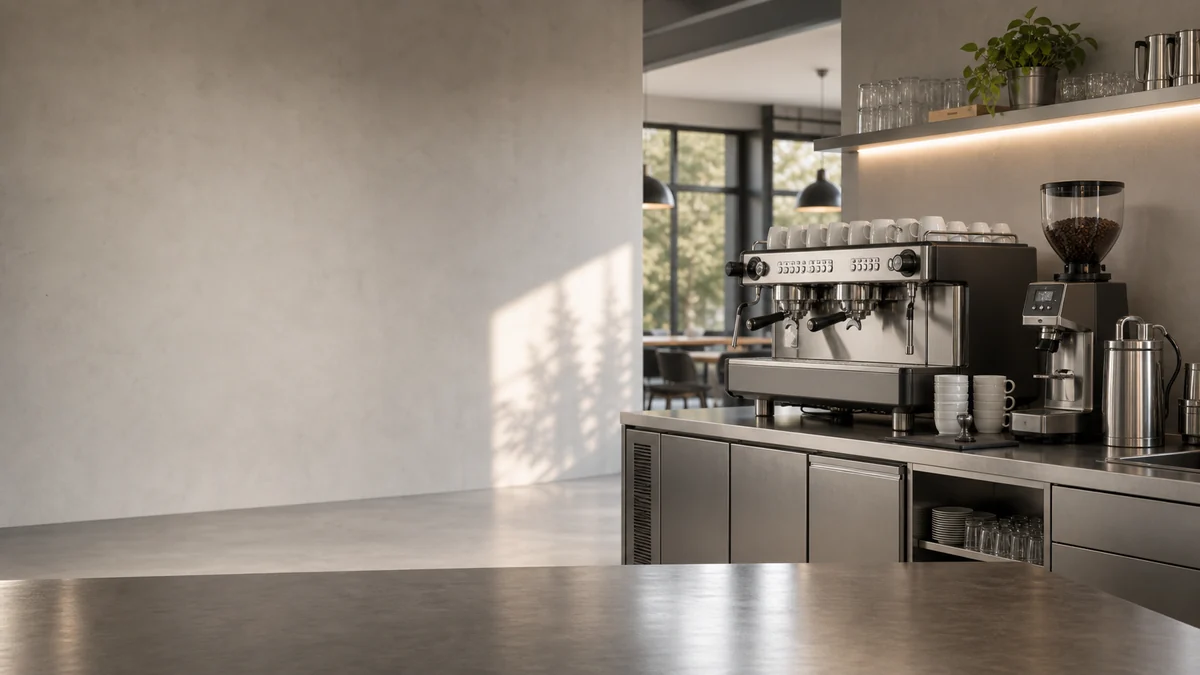 Professionelle Espressomaschine und Kaffeemühle für die Gastronomie – KI-Visualisierung