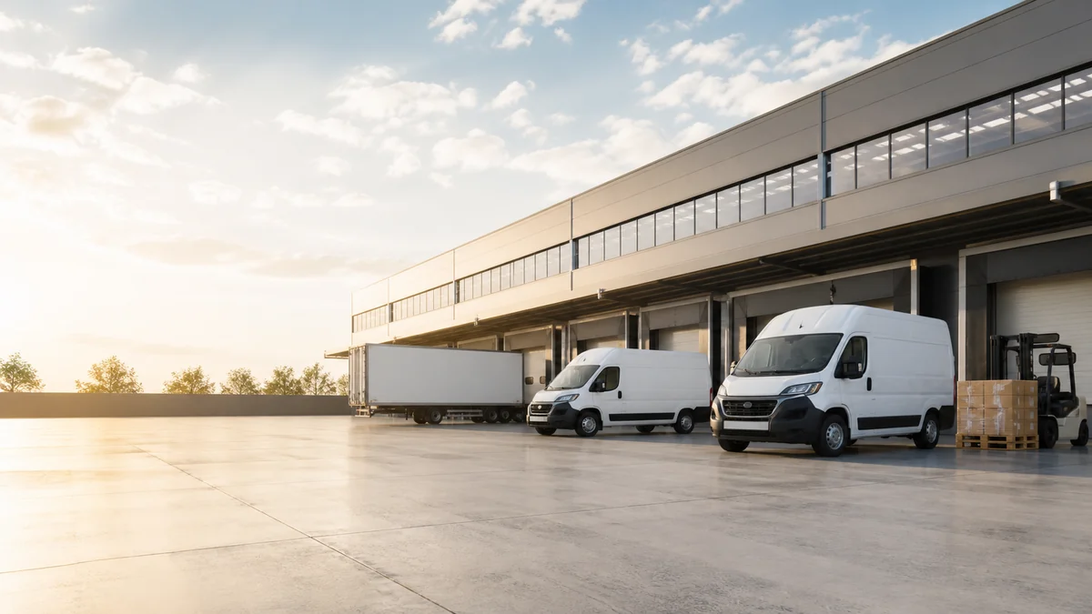 Transporter vor einer Logistikhalle als Beispiel für einen gewerblichen Fuhrpark – KI-Visualisierung